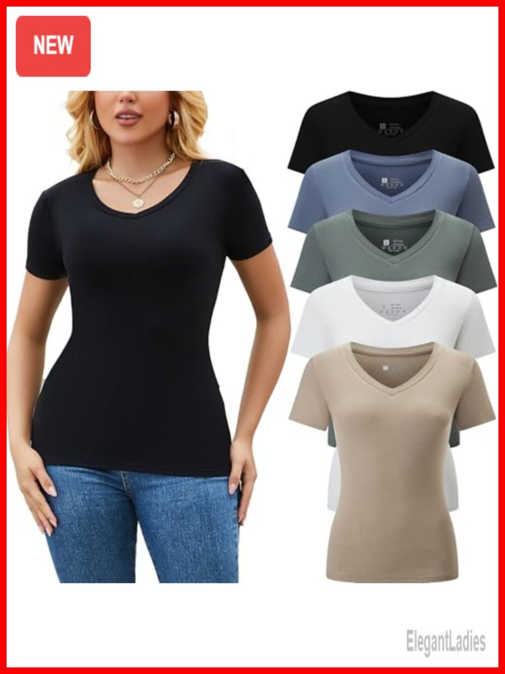 Women's V Neck Short Sleeve T Shirts Slim Fit Casual Tees 5 Pack